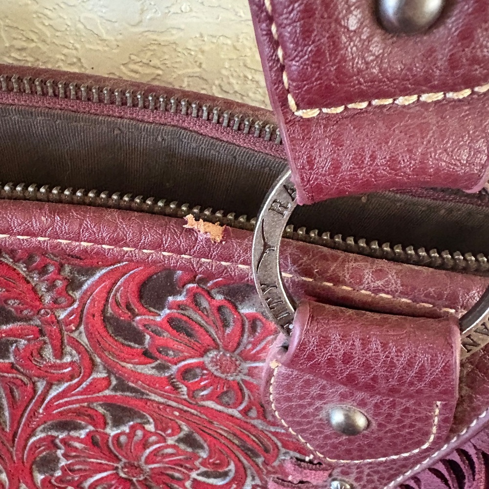 Trinity Ranch Tooled Wine Red Leather Handbag - image 2
